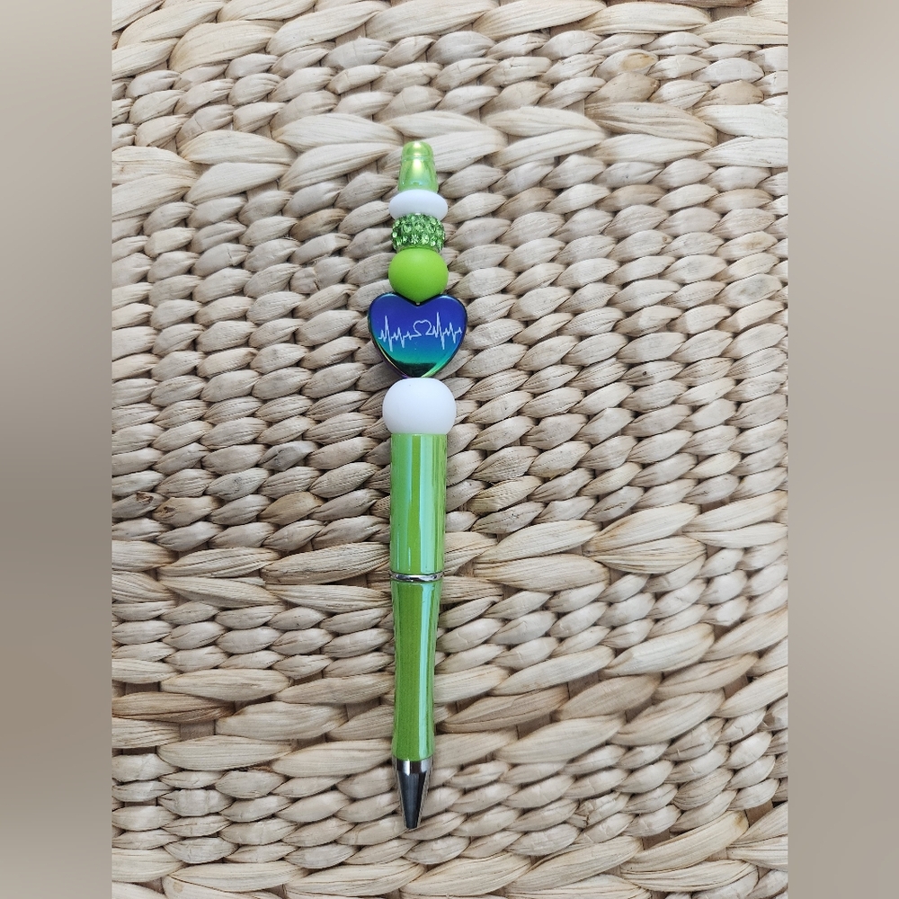 Green Beaded Pen with Heartbeat Design